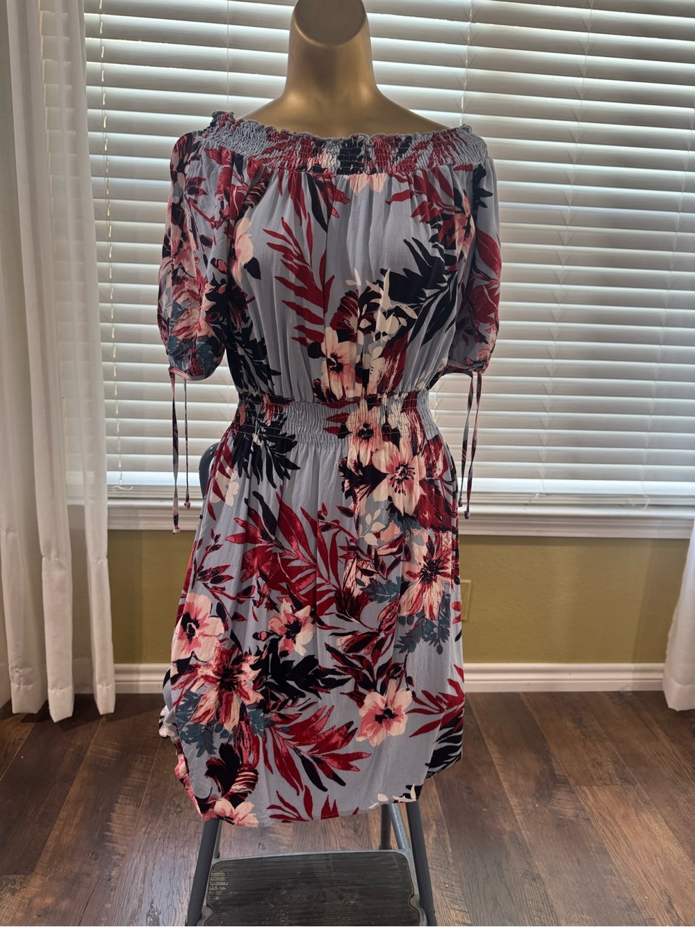 Enfocus Studio Light Blue Floral Off-Shoulder Mini Dress with Red Accents